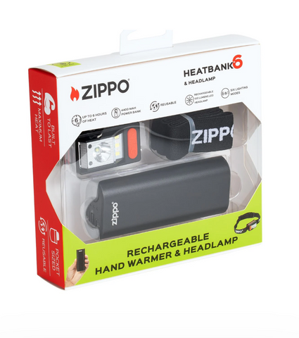 Zippo Black HeatBank 6 Rechargeable Hand Warmer and Headlamp Gift Set